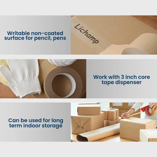 Vista 5 de Lichamp Cinta de embalaje de papel Kraft, cinta de envío marrón engomada para cajas y cartones, 2 pulgadas x 55 yardas x 7 mil