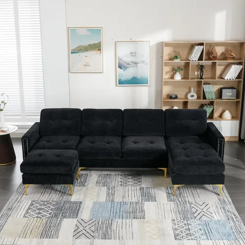 Vista 2 de Sofá modular de terciopelo de 111 pulgadas para sala de estar, moderno y contemporáneo en forma de L de 4 asientos copetudo, sofá con diván y 111in