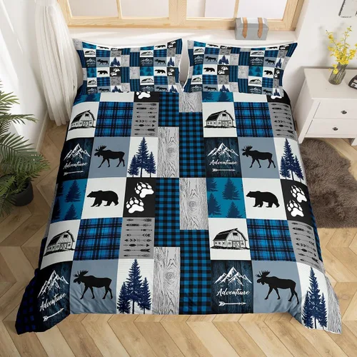 Vista 4 de Juego de funda de edredón rústica para niños, tamaño individual, diseño de ciervos, osos, pinos, decoración de habitación de niños, niñas y adultos