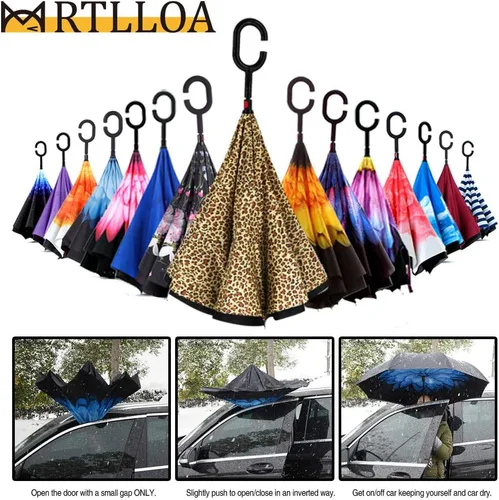 Vista 201 de MRTLLOA - Paraguas invertido de gran tamaño de 40/49/56 pulgadas - Sombrilla doble capa resistente al viento, con mango en forma de C y tamaño golf