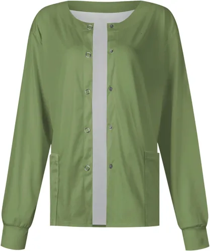 Vista 2 de Long Sleeve Scrub Tops Women Solid Color Butterfly Printed Medical Uniform Tops Plus Sized Nursing Jacket Tops