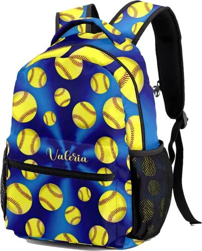 Vista 2 de Mochila unisex de sóftbol azul amarillo con nombre personalizado para niños personal de oficina diario Personalizado 1 Mochilas Daypack