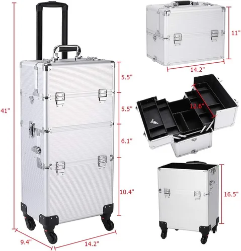 Vista 3 de Flandre Estuche de aluminio 3 en 1, organizador de cosméticos de belleza, caja de viaje de maquillaje, caja de tren con ruedas, bandejas plegables