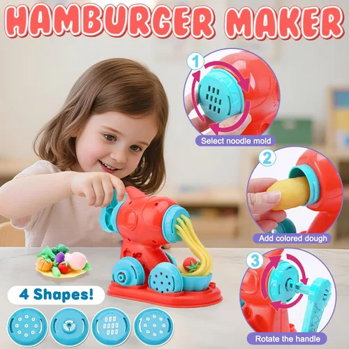 Vista 3 de Crelloci Juego de 4 en 1 de plastilina de colores para cocina, máquina de creación de helado, fideos, hamburguesas y pastel, juguetes de modelado