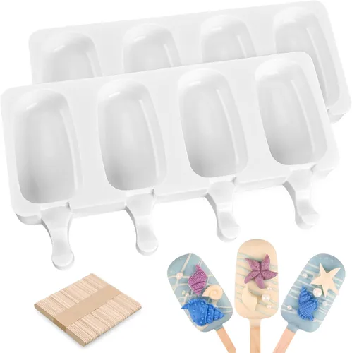 Vista 13 de Sakolla - Juego de moldes de silicona para paletas de hielo, 4 cavidades, moldes para helado ovalados con 50 palos de madera