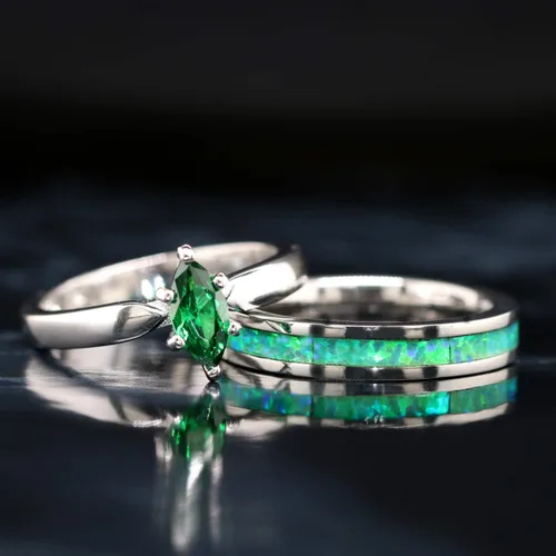 Vista 3 de Kingsway Jewelry Juego de anillos de ópalo verde
