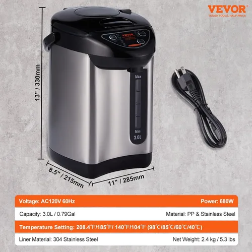 Vista 7 de VEVOR Dispensador de agua caliente, caldera y calentador de agua ajustable de 4 temperaturas, calentador de agua de encimera de acero inoxidable