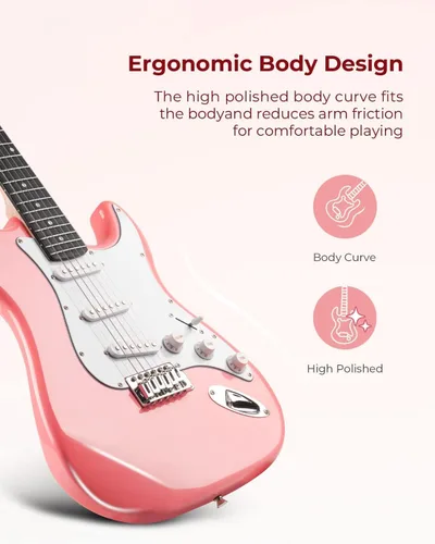 Vista 2 de Vangoa - Kit de guitarra eléctrica de tamaño completo de 39 pulgadas para principiantes, cuerpo sólido, color rosa, con pastillas SSS, amplificador
