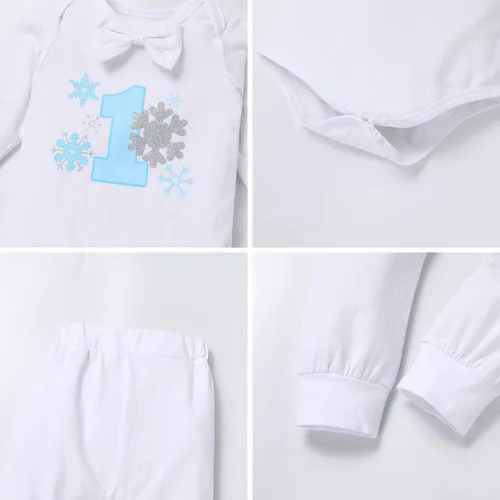 Vista 6 de IBTOM CASTLE Traje de invierno para bebé niño con copos de nieve para primer cumpleaños, mameluco con estampado de pastel y pantalones largos