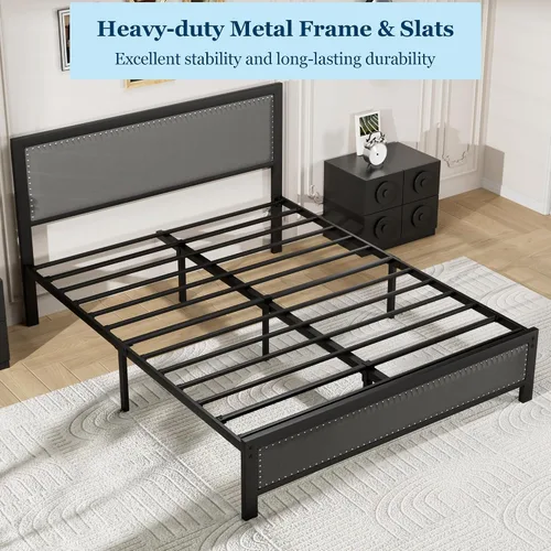 Vista 11 de VECELO Marco de cama tamaño Queen con cabecera tapizada, plataforma resistente con listones de metal fuertes, no necesita somier, fácil montaje