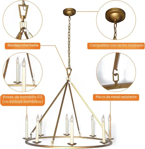 Vista 2 de LOVEDIMA Candelabro de rueda de carro, color dorado, rústico, de 35.4 pulgadas, con forma de vela, de metal con forma de vela, lámpara colgante