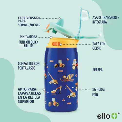 Vista 4 de Ello Pop & Fill Botella de agua de acero inoxidable para niños de 12 onzas con tapa de llenado rápido Botella libre de BPA con aislamiento al