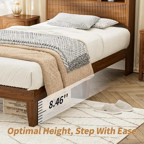 Vista 6 de Lxsxlome - Marco de cama individual con cabecera ondulada, cabecera de madera con 3 compartimentos de almacenamiento arqueados, plataforma de cama