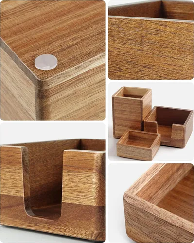 Vista 2 de Juego de organizador de escritorio de madera de acacia con soporte para notas adhesivas, vaso para lápices y bolígrafos y almacenamiento de clips