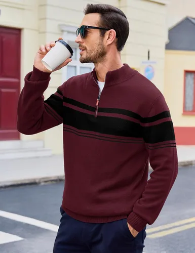 Vista 3 de MAGCOMSEN Suéteres de algodón con cremallera de 1/4 para hombre, suéter tipo polo, a rayas, para otoño e invierno, sudaderas cálidas