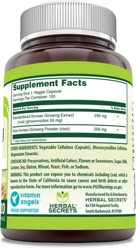 Vista 2 de Herbal Secrets Extracto de raíz de ginseng coreano, suplemento de 120 cápsulas vegetales Sin OMG Sin gluten Fabricado en Estados Unidos