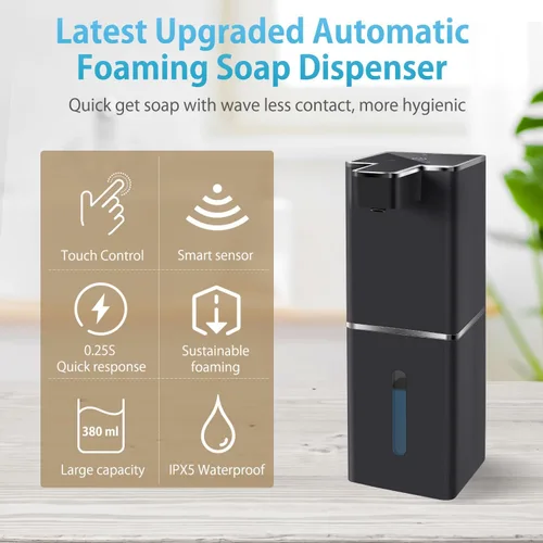 Vista 2 de Dispensador Automático de Jabón Espumoso Sin Contacto 380ml/12.8oz Dispensador de Jabón de Manos Recargable Montado en Pared Bomba de Jabón Espumoso