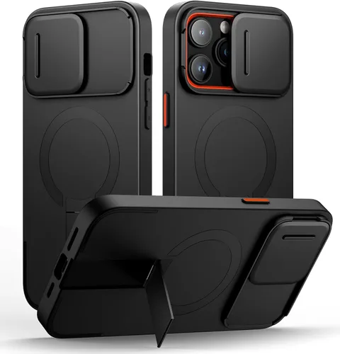 Vista 78 de SURITCH Funda para iPhone 12/12 Pro con cubierta magnética para cámara deslizante y soporte ajustable, compatible con MagSafe, funda protectora Negro