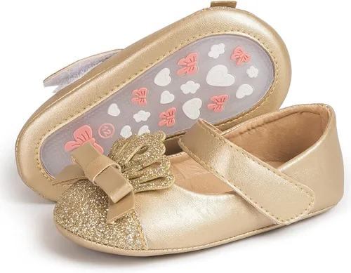 Vista 4 de Bellocasa Baby Mary Jane - Zapatos planos para niñas con lazo de algodón con suela antideslizante para el primer caminante, vestido de princesa