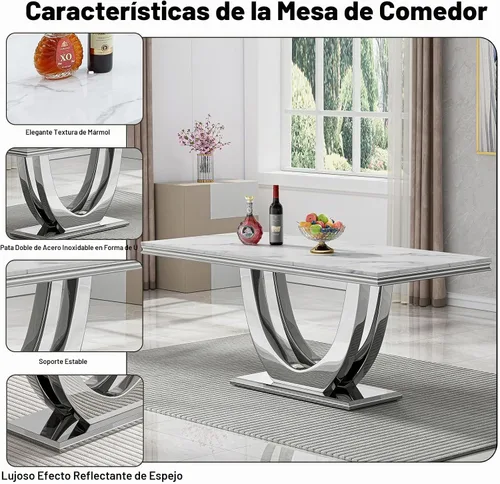 Vista 3 de Mesa de comedor blanca de 68 pulgadas para 4-6, mesa de cocina rectangular moderna con mesa de mármol sintético y base de acero inoxidable plateado