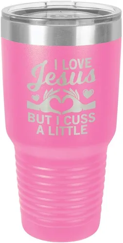 Vista 14 de Taza de viaje con texto en inglés "I Love Jessus I CUSS A LITTLE Engraved Tumbler", de acero con recubrimiento de polvo grabado con láser, sin BPA