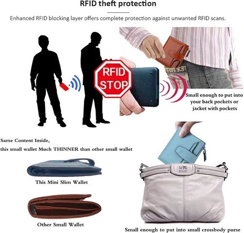 Vista 5 de AINIMOER - Cartera de piel con bloqueo RFID para mujer, tamaño pequeño, compacta, doble zíper, con ventana para identificación