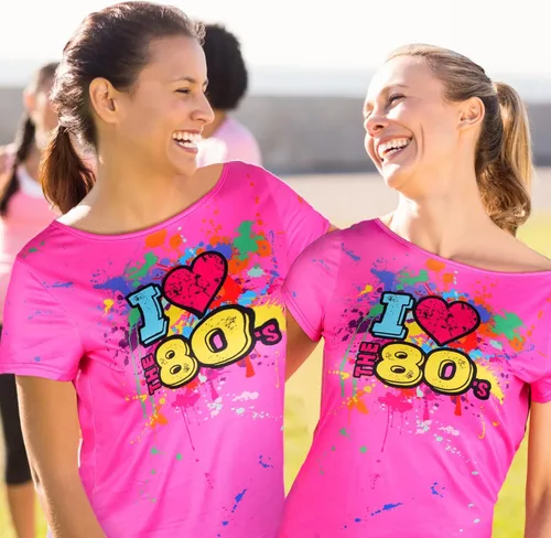 Vista 4 de Geyoga Traje de los años 80 para mujer, talla grande, disfraz de los años 80, con hombros descubiertos, camiseta de neón de gran tamaño, Rosa Rojo