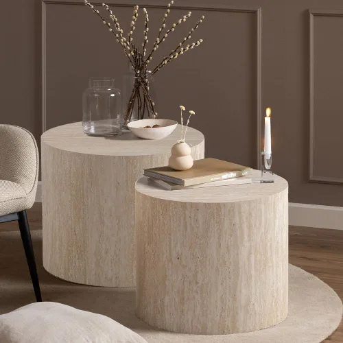 Vista 8 de Juego de 2 mesas auxiliares redondas de travertino de 18 pulgadas (travertino) for Living Room, Travertine Side End Table, Nested Design, Mid