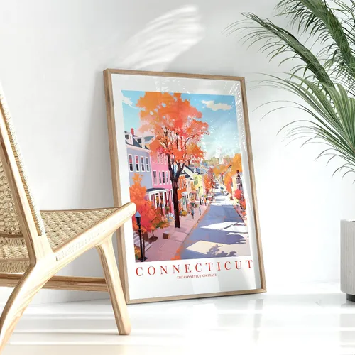 Vista 7 de ColorAndFlair Connecticut Travel Print Constitution State Souvenir CT Naturaleza, rosa, naranja, verde azulado, arte de pared, póster de paisaje