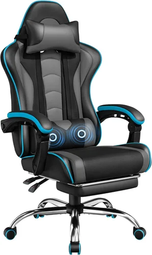 Vista 14 de Yaheetech Silla para videojuegos, silla de videojuegos con soporte lumbar de masaje y reposapiés, silla ergonómica ajustable para computadora