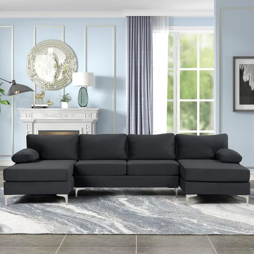 Vista 27 de Sofá modular moderno en forma de L, con diván extra ancho y patas doradas Gris