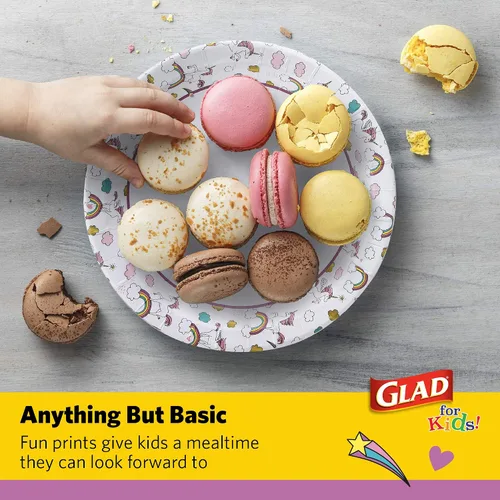 Vista 4 de Glad para Niños Platos de Papel Desechables Redondos con Temática de Unicornio - Resistentes, A Prueba de Absorción, Platos Aptos para Microondas