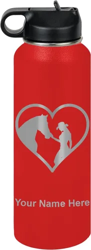 Vista 8 de LaserGram Botella de agua personalizada, corazón de vaquera de caballo, acero inoxidable de doble pared aislada al vacío con popote superior, regalo
