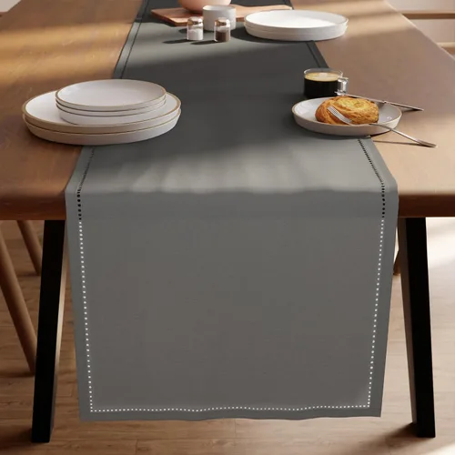Vista 7 de Encasa XO Camino de mesa de comedor de 13 x 59 pulgadas, diseño de dobladillo de algodón puro, gris, lavable a máquina