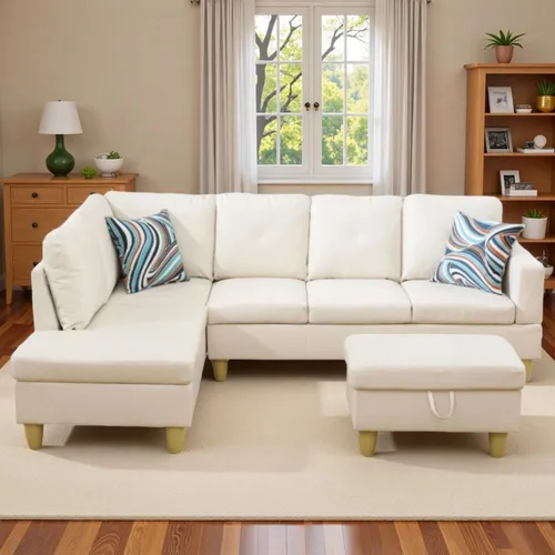 Vista 20 de Sofá modular de cuero en forma de L de 3 piezas – Sofá modular convertible con diván móvil y otomana de almacenamiento, uso multiescenario para sala