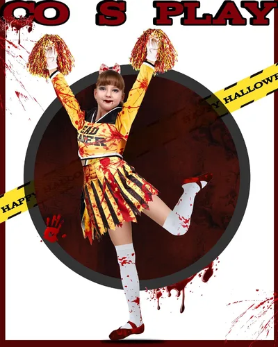 Vista 3 de Toulite Disfraz de animadora zombi de Halloween para niñas, disfraz de Halloween sin animadoras, calcetines, guantes, pompones, lazo, cosplay