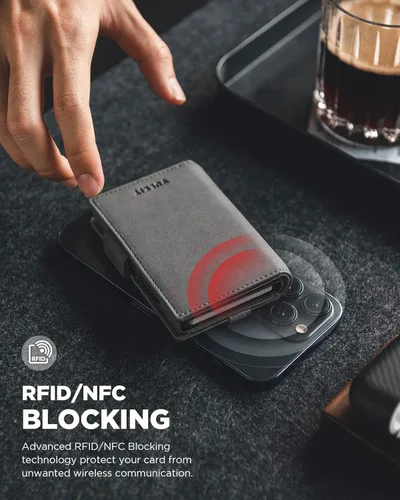 Vista 3 de VULKIT Cartera para tarjetas con soporte para AirTag y ventana de identificación, cartera de cuero desplegable con bloqueo RFID, cierre magnético