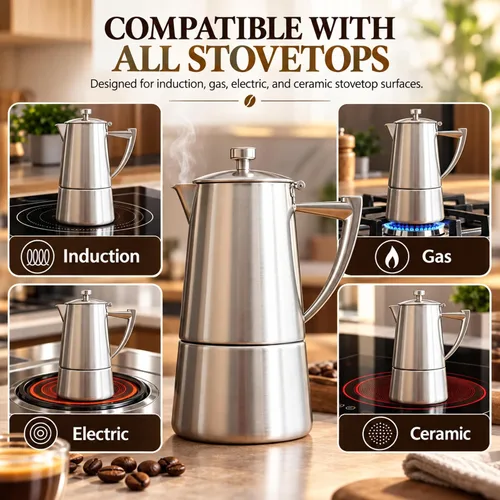 Vista 9 de CUISINOX Roma - Máquina de café expreso de acero inoxidable satinado para estufa, 6 tazas 18/10 stainless steel moka pot with 6-cup capacity