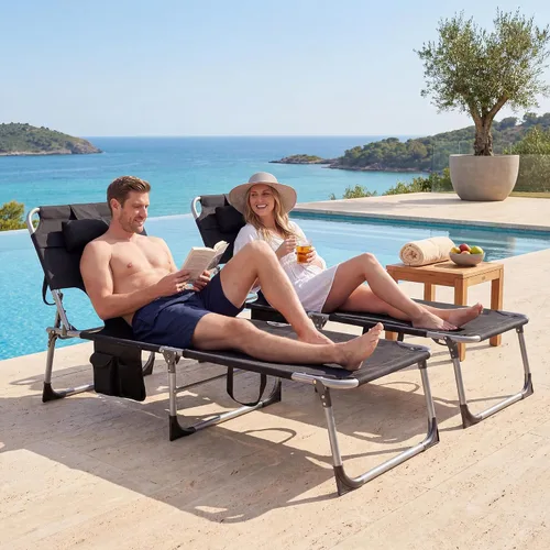 Vista 2 de Tangkula Silla de bronceado con agujero frontal, plegable y ajustable para patio, silla reclinable, para playa, tomar el sol, con bolsillo lateral