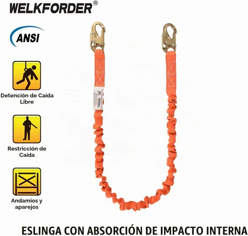 Vista 2 de Cordón interno de seguridad de absorción de impactos de 6 pies con conectores de gancho de doble forja, equipo de protección contra caídas