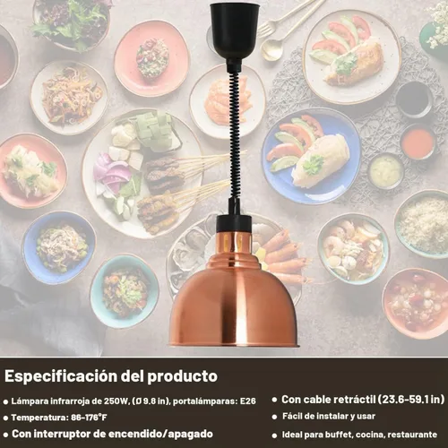 Vista 2 de Lámpara de calor comercial para alimentos y papas fritas para colgar servicio de alimentos (diámetro de 9.8 in (cobre))