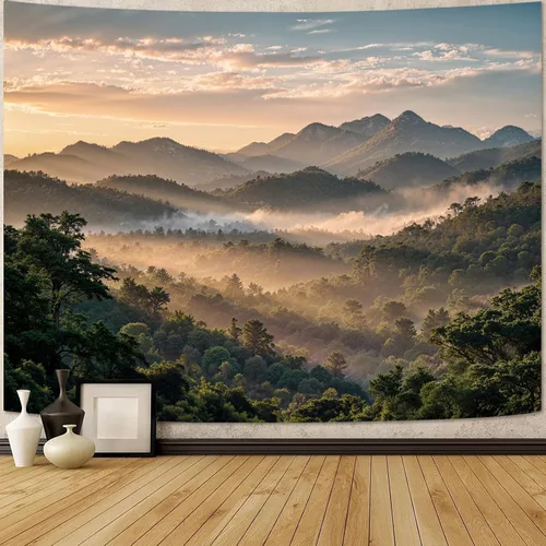 Vista 22 de Zussun Tapiz de Bosque Natural de Montaña Tapiz Verde de Pino Luz Solar Selva para Dormitorio Estético Planta Paisaje de Montaña Tapices Pequeños
