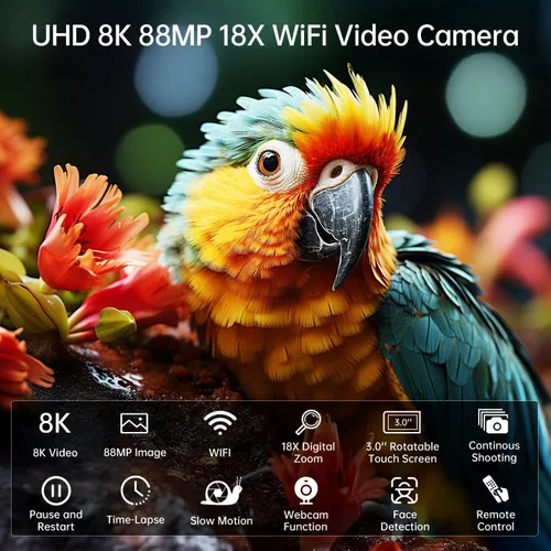 Vista 5 de FlyFrost Cámara de video 8K 88MP UHD WiFi Vlogging Cámaras para YouTube 18X zoom digital IR visión nocturna 3.0 pulgadas videocámara pantalla táctil