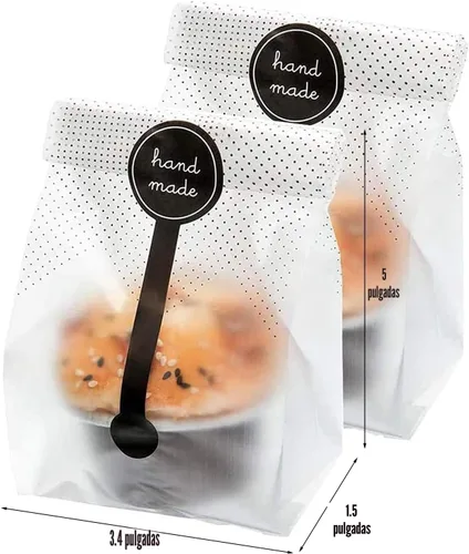 Vista 2 de (200 unidades) 100 bolsas de plástico translúcidas/bolsas de panadería con 100 calcomanías hechas a mano para galletas, pasteles, chocolate, dulces