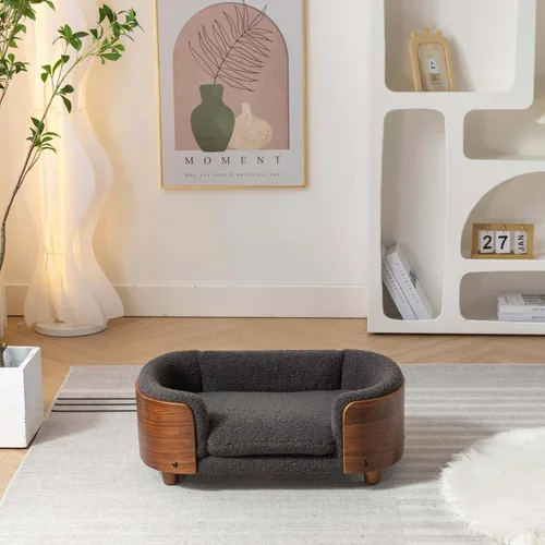 Vista 3 de Sofá cama elevado para mascotas con patas de madera maciza, respaldo de madera doblada y cojín de cachemira, muebles de lujo para mascotas
