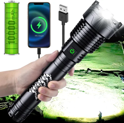 Vista 2 de Linterna LED súper brillante Weoxi, 1000000 lúmenes recargables con mango largo, batería de 10000mAh, 5 modos con zoom para camping al aire libre