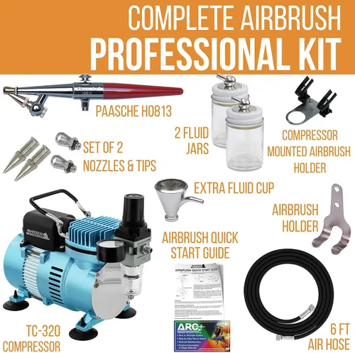 Vista 2 de Paasche H - Juego de aerógrafo con un sistema de compresor de aire de doble ventilador Cool Runner II Master de 1/5 hp, aerógrafo de alimentación