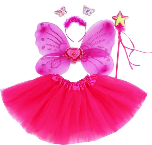 Vista 6 de Fun Play Disfraz de hada para niñas, alas de hada de mariposa, tutú, varita mágica, diadema para 3-8 años