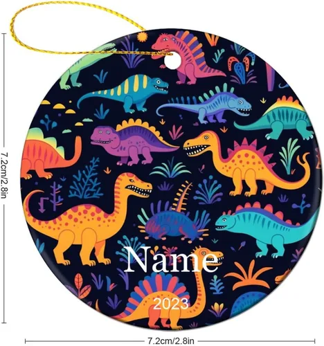 Vista 3 de Adorno colorido con patrón de dinosaurio de 3 pulgadas, adorno de Navidad de cerámica de 3 pulgadas, bonito adorno de Navidad de dibujos animados