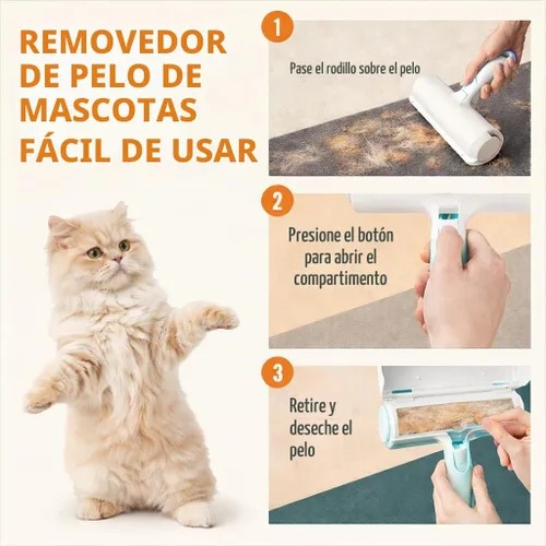 Vista 4 de Rodillo removedor de pelo de mascotas reutilizable – Rodillo manual resistente para pelos de perros y gatos – Muebles, sofá, alfombra, alfombras
